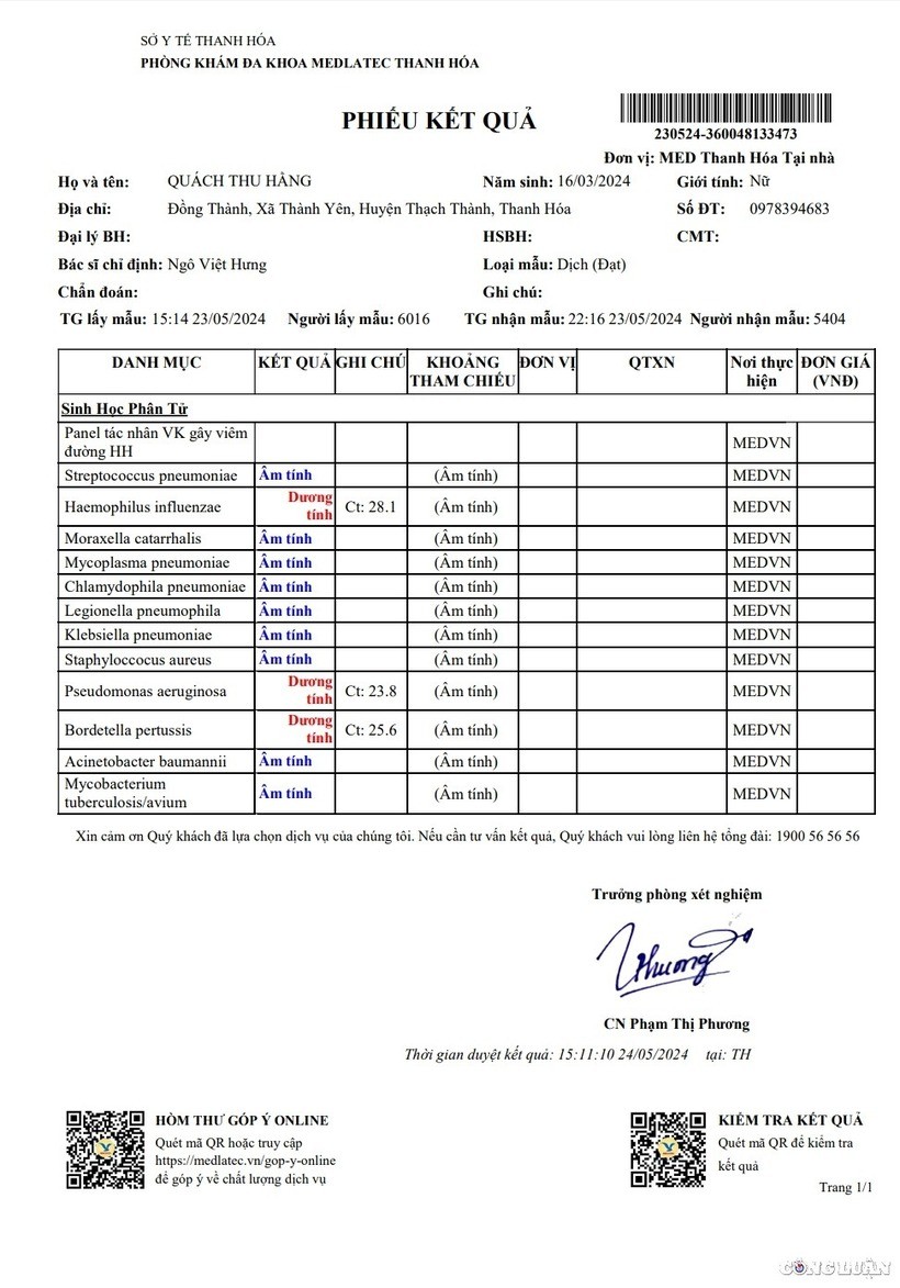 Kết quả xét nghiệm PCR Ho gà trong dịch NKQ ở Medlactec ngày 23.5.2024 của cháu H cho ra kết quả dương tính. Ảnh: Nhà báo & Công luận