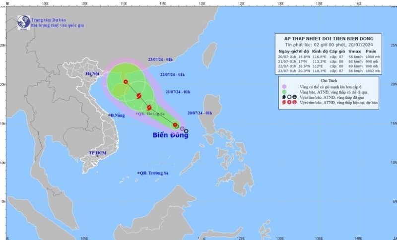 Hướng di chuyển của áp thấp nhiệt đới. Ảnh: Trung tâm dự báo Khí tượng thủy văn Quốc gia