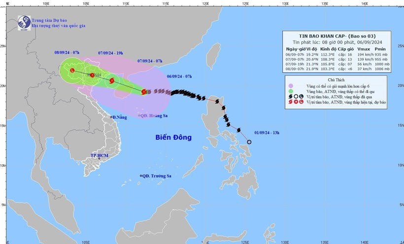 Bản đồ đường đi bão số 3 (siêu bão Yagi) lúc 8h ngày 6/9. Ảnh: Thanh Niên