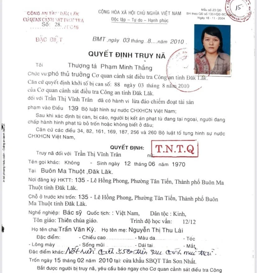 Quyết định truy nã bị can Trân. Ảnh: C.A image_369.png