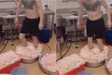 Rùng mình cảnh nhân viên dùng chân giẫm lên da gà trong bếp quán gà rán