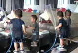 Clip: 2 "báo thủ" dùng vòi tưới cây... “rửa” phòng khách khiến mẹ dở khóc dở cười
