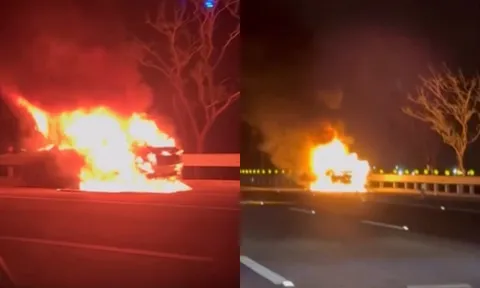 Cận cảnh ô tô cháy ngùn ngụt trên đường, tài xế lao ra ngoài chỉ trong vài giây