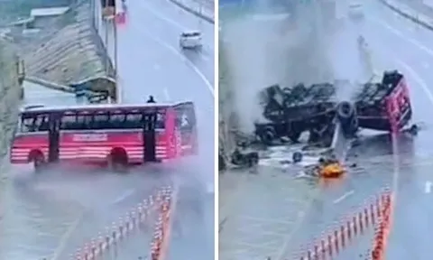 Trượt dài 25 mét như tên bắn, xe buýt đè bẹp loạt phương tiện khiến 27 người thương vong