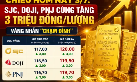 Giá vàng mới nhất chiều hôm nay 3/7: SJC, DOJI, PNJ cùng tăng 3 triệu đồng/lượng, vàng nhẫn "chạm đỉnh"