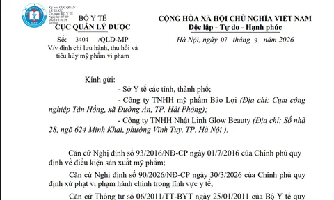 Bộ Y tế thu hồi 5 sản phẩm mỹ phẩm của Công ty TNHH mỹ phẩm Bảo Lợi