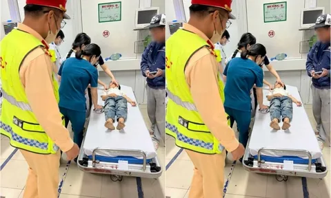 CSGT dùng xe chuyên dụng để mở đường, đưa cháu bé đến bệnh viện cấp cứu kịp thời