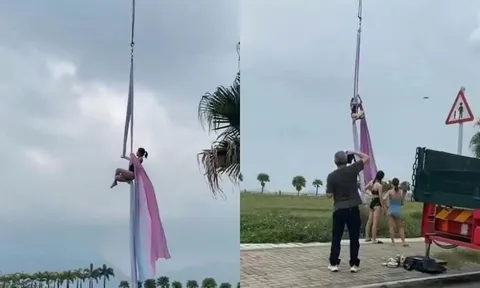 Người phụ nữ mặc trang phục bó sát treo mình lơ lửng giữa không trung ở độ cao khoảng 5 mét: Lý do gây bức xúc