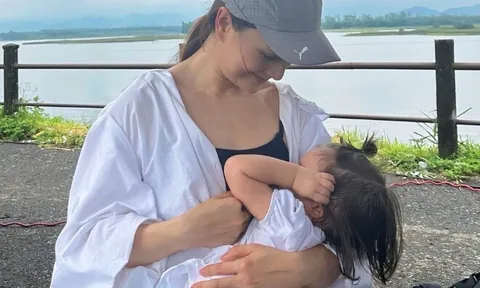 Ái nữ lai Tây nhà Lan Phương hơn 1 tuổi vẫn thèm sữa mẹ, nữ diễn viên bế con cho bú giữa đoàn phim