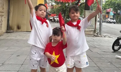 3 cháu nội Bầu Hiển "lên đồ" xuống phố thể hiện lòng yêu nước, con gái Đỗ Mỹ Linh 2 tuổi đầy lanh lợi