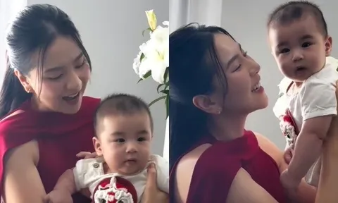 Con trai Mai Ngọc 5 tháng tuổi đã theo mẹ đi làm, bé xíu đã dạn dĩ trước ống kính, hứng thú với nghề MC thời tiết