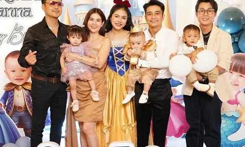 Kha Ly đưa con gái đi dự sinh nhật "tiểu hoàng tử" nhà Vân Trang, Thanh Duy bị nhắc vì không bế con giúp vợ