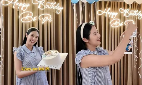 Hoa hậu Ngọc Hân bế con tổ chức sinh nhật cho chồng, quý tử 1 tháng tuổi hưởng gen mũi cao của bố