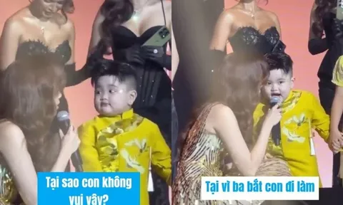 Con trai Lê Dương Bảo Lâm khiến MC nữ xinh đẹp "đứng hình" khi chân thật nói "Ba bắt con đi làm" trên sân khấu