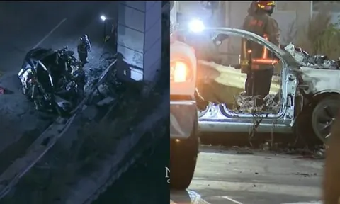 Ô tô điện lao vào lan can với tốc độ cao bốc cháy như đuốc khiến 4 người tử vong