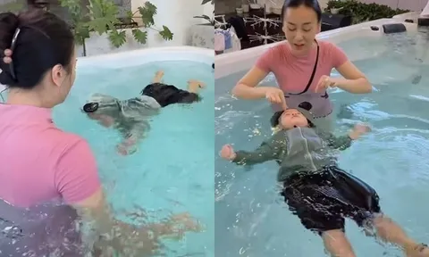 Phương Oanh khoe con trai hơn 1 tuổi đã bơi được nửa bể, quý tử của Shark Bình khiến mọi người "thót tim"