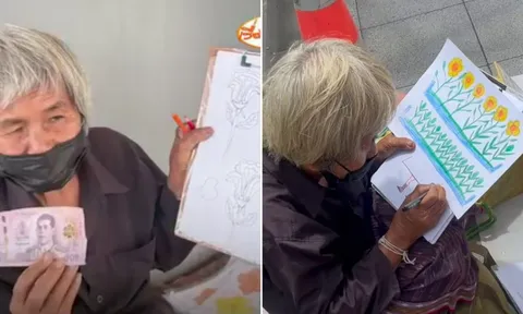 Cảm động trước hình ảnh cụ bà ngồi vẽ tranh trên phố, kiếm tiền nuôi cháu ăn học