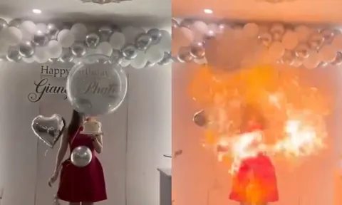 Clip: Chùm bóng bay phát nổ, ngọn lửa trùm mặt người phụ nữ trong dịp sinh nhật