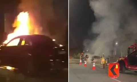 Clip: Ô tô bốc cháy giữa cao tốc, khói đen bốc lên nghi ngút