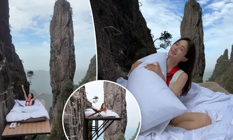 Clip: Nằm lơ lửng giữa trời, giường treo vách núi hấp dẫn du khách mê cảm giác mạnh