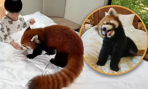 Ngủ dậy đã thấy gấu trúc đỏ bò lên giường, nũng nịu đánh thức, du khách thích thú nhưng chuyên gia lo lắng