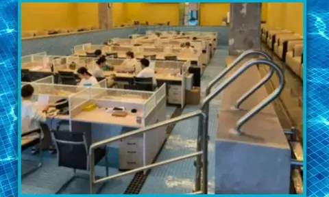 Công ty "hô biến" bể bơi thành văn phòng, nhân viên leo thang ra vào như đi bơi khiến dân mạng cười bò