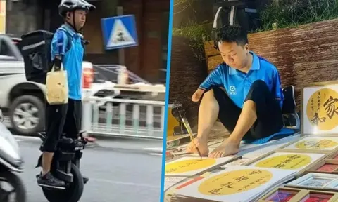 Mất cả hai tay từ năm 4 tuổi, người đàn ông vẫn tự nuôi vợ con nhờ giao đồ ăn và viết thư pháp bằng chân khiến ai cũng cảm động