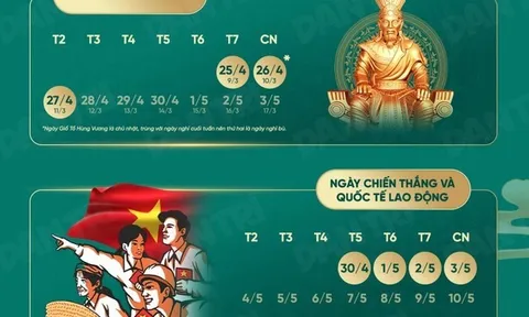 Lịch nghỉ lễ Giỗ Tổ Hùng Vương, 30/4-1/5, Quốc khánh 2/9 năm 2026