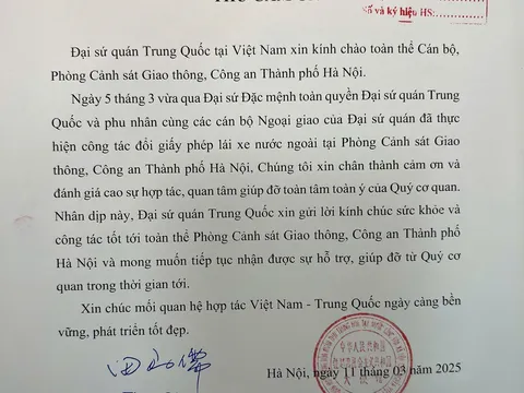 Đại sứ quán Trung Quốc gửi thư cảm ơn Phòng CSGT Hà Nội