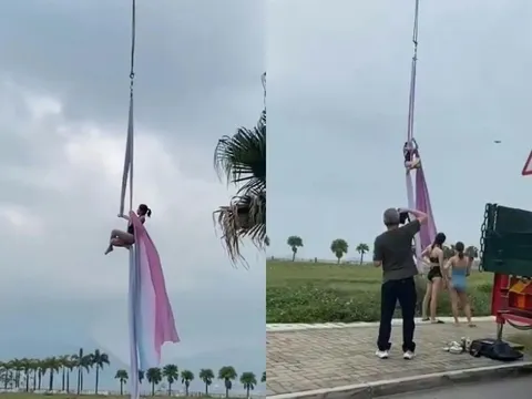 Người phụ nữ mặc trang phục bó sát treo mình lơ lửng giữa không trung ở độ cao khoảng 5 mét: Lý do gây bức xúc