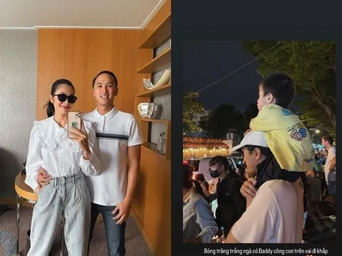 Chồng thiếu gia của Tăng Thanh Hà bền bỉ cõng con dịp Trung thu, quý tử út của "ngọc nữ màn ảnh" mê xem múa lân