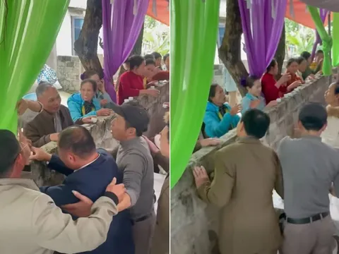 Thích thú xem quan viên hai họ nâng chén giao lưu qua tường rào vì nhà trai và nhà gái sát vách, chú rể bế cô dâu từ bé