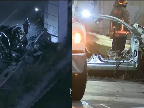 Ô tô điện lao vào lan can với tốc độ cao bốc cháy như đuốc khiến 4 người tử vong