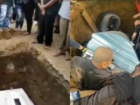 Con trai bị đè dưới quan tài của cha trong lúc đang hạ huyệt, bệ đỡ bất ngờ sập cả đoàn khiêng rơi xuống mộ