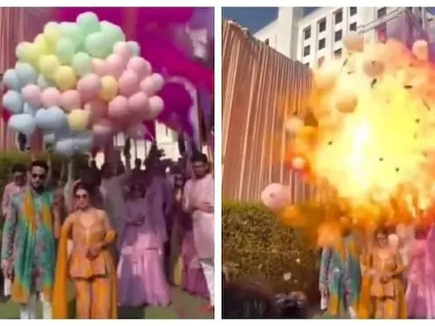 Cô dâu chú rể hoảng loạn khi chùm bóng bay phát nổ giữa đám cưới