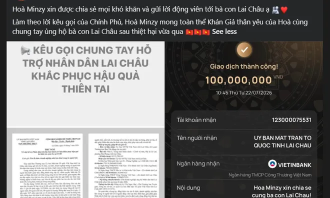 Hòa Minzy chung tay cứu trợ, đóng góp 100 triệu đồng sau thiên tai