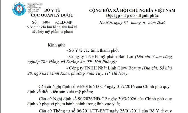 Bộ Y tế thu hồi 5 sản phẩm mỹ phẩm của Công ty TNHH mỹ phẩm Bảo Lợi