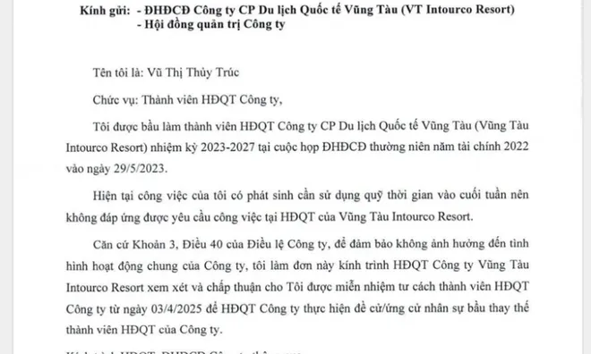 Lãnh đạo Công ty cổ phần du lịch Quốc tế Vũng Tàu xin từ nhiệm vì "cần sử dụng quỹ thời gian vào cuối tuần"