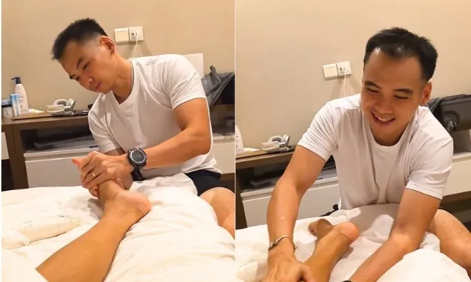 H'Hen Niê sung sướng được chồng xoa bóp chân, không ngại khoe rõ đường chỉ đen trên bụng bầu 9 tháng