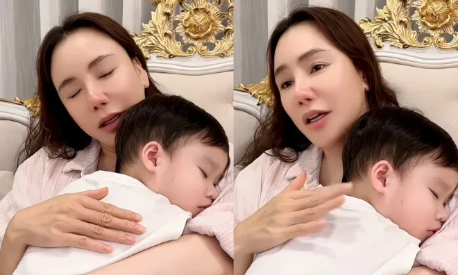 Hồ Quỳnh Hương ru con trong biệt thự riêng, quý tử tuấn tú ngủ ngon trong lòng mẹ trông cực yêu
