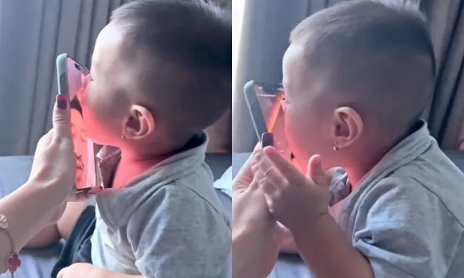 Bạn gái Quang Minh khoe cảnh con hôn tới tấp vào điện thoại khi bố đi làm xa, quý tử bé xíu đã sống tình cảm
