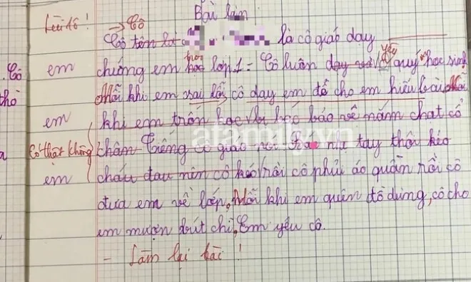 Viết văn tả cô giáo nhưng lại tiết lộ “bí mật” liên quan đến bác bảo vệ, bé học sinh bị gạch đỏ bài