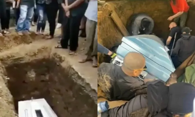 Con trai bị đè dưới quan tài của cha trong lúc đang hạ huyệt, bệ đỡ bất ngờ sập cả đoàn khiêng rơi xuống mộ
