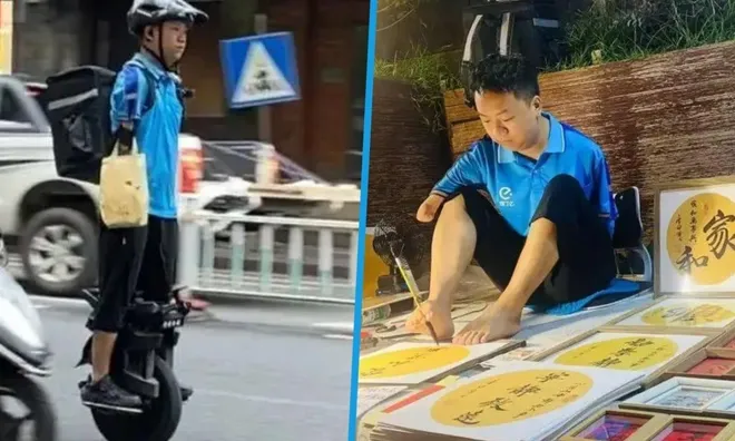 Mất cả hai tay từ năm 4 tuổi, người đàn ông vẫn tự nuôi vợ con nhờ giao đồ ăn và viết thư pháp bằng chân khiến ai cũng cảm động